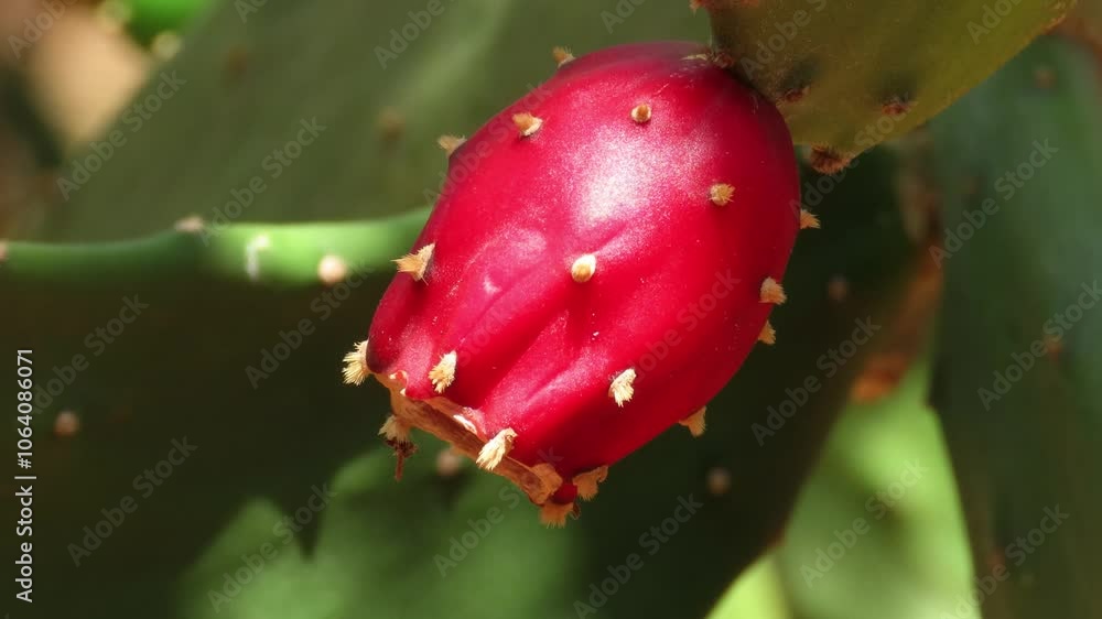 Authentic cactus flower. Red inflorescence of Opuntia ficus-indica, Prickly pear cactus. Authentic cactus flower. Red inflorescence of Opuntia ficus-indica, Prickly pear cactus.
