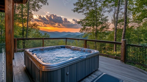A hot tub on a wooden deck with a view of a mountain sunset.