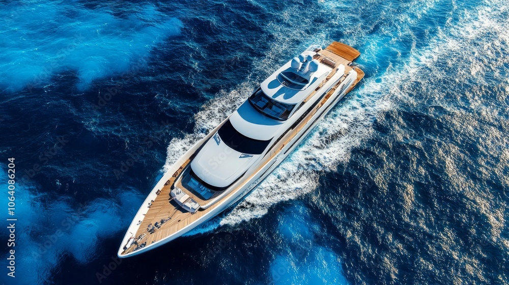 Fototapeta premium A yacht captured from above, floating in a deep blue sea.