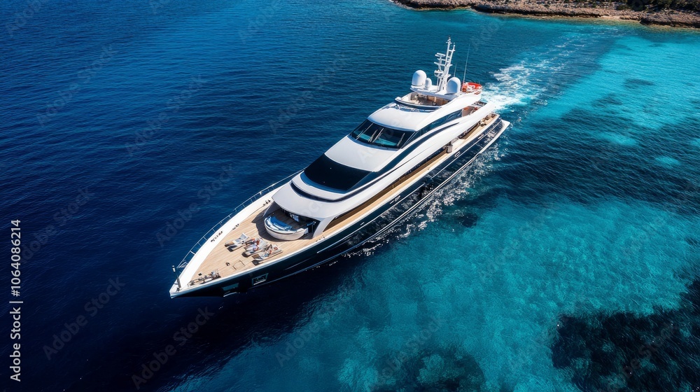 A yacht captured from above, floating in a deep blue sea.
A yacht captured from above, floating in a deep blue sea.