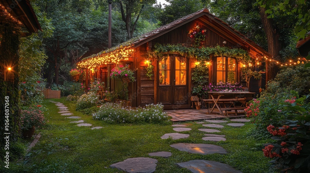 A charming wooden cabin with string lights, surrounded by lush greenery and a stone path. A charming wooden cabin with string lights, surrounded by lush greenery and a stone path.