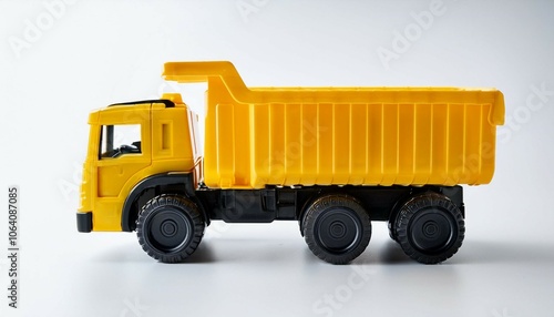 plastic toy yellow truck on a white background close up