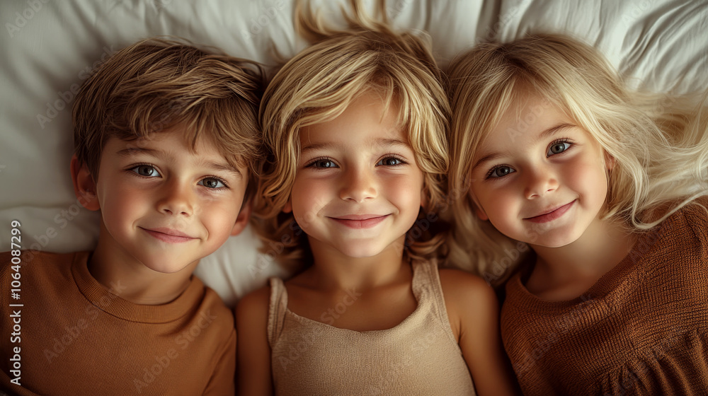 Three children with blonde hair lie on a bed, smiling at the camera. Concept of happiness, friendship, and childhood joy. Three children with blonde hair lie on a bed, smiling at the camera. Concept of happiness, friendship, and childhood joy.