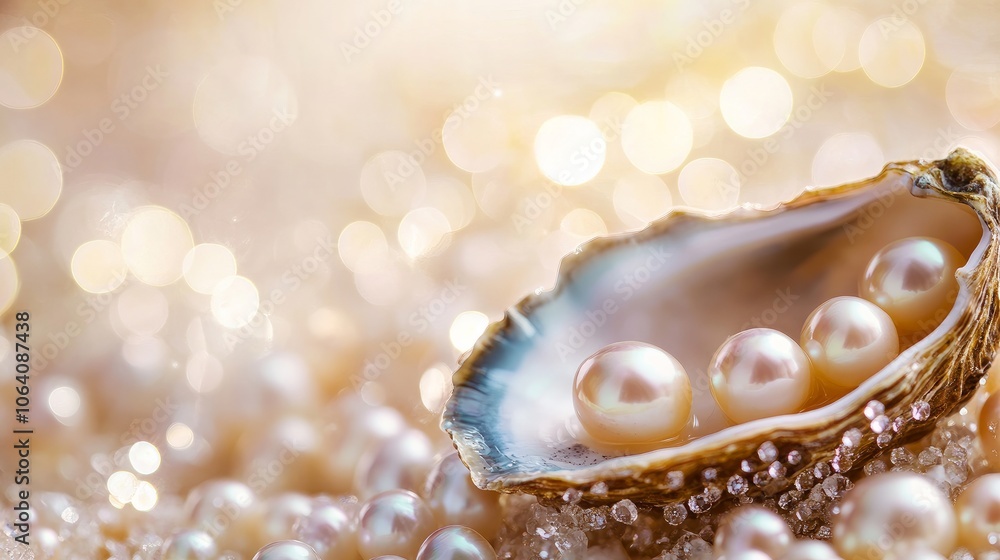 Cultured pearls nestled within an oyster shell, close-up. Cultured pearls nestled within an oyster shell, close-up.