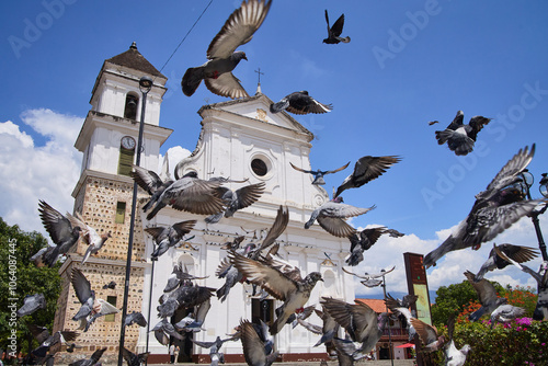 bandada de palomas volando frente a iglesia en un pueblo