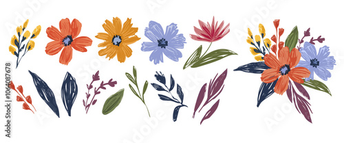 Set of spring colorful flower elements vector. Set floral of wildflower, leaf branch, foliage on white background. 