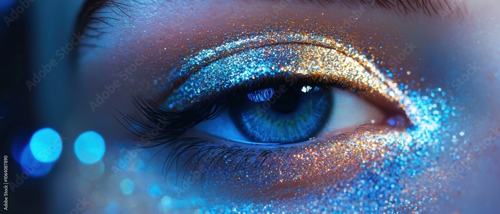 A woman's eye is covered in glitter, giving it a sparkling A woman's eye is covered in glitter, giving it a sparkling