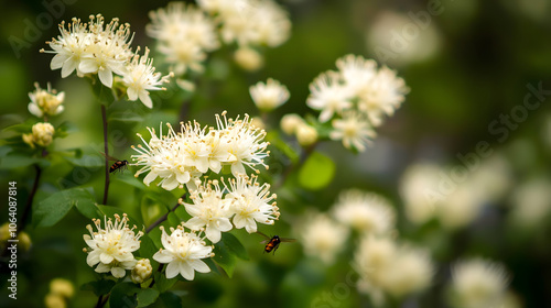 A Picturesque Landscape Garden with Vibrant Fothergilla Bushes in Full Bloom and Pollinators Attracted photo