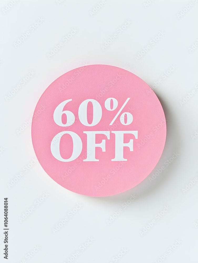 White '60% OFF' Text on a Light Pink Round Paper Note. White Background White '60% OFF' Text on a Light Pink Round Paper Note. White Background