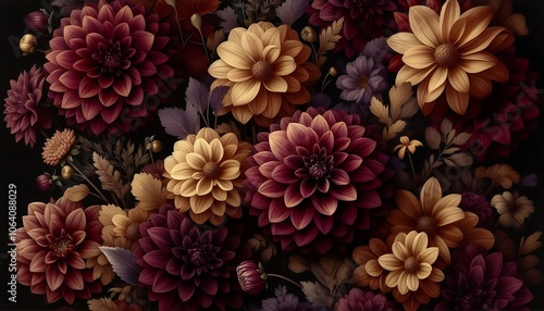 botanical background featuring dahlias in deep burgundy and mustard hues,Generative AI