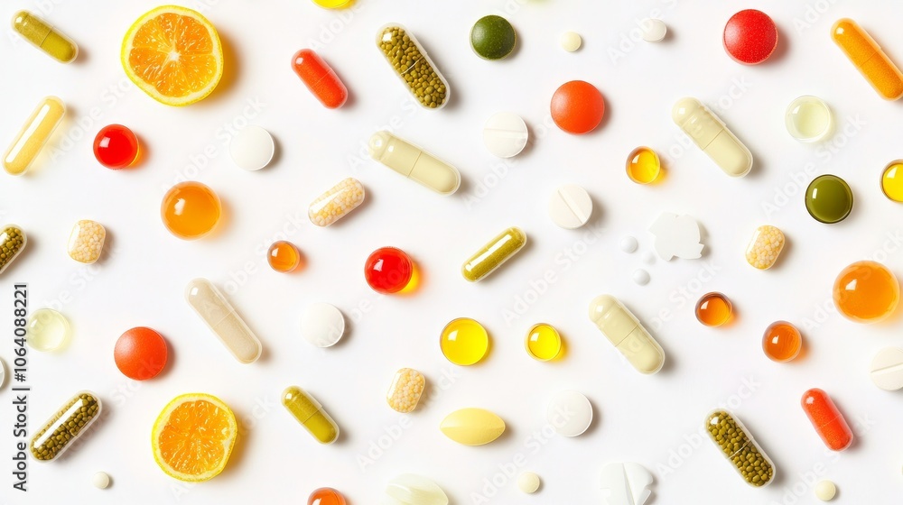 Flat lay of various vitamins and dietary supplement capsules. Flat lay of various vitamins and dietary supplement capsules.
