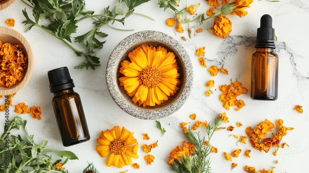Vibrant marigold flower harmoniously set in its natural surroundings.
Vibrant marigold flower harmoniously set in its natural surroundings.