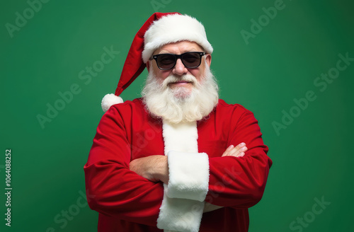 Santa Claus standing sideways with his arms crossed on a green background. Good Santa in sunglasses.