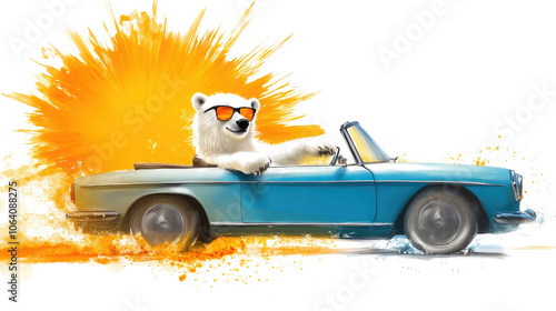 Polar Bear in Sunglasses Driving a Blue Convertible Generative AI photo