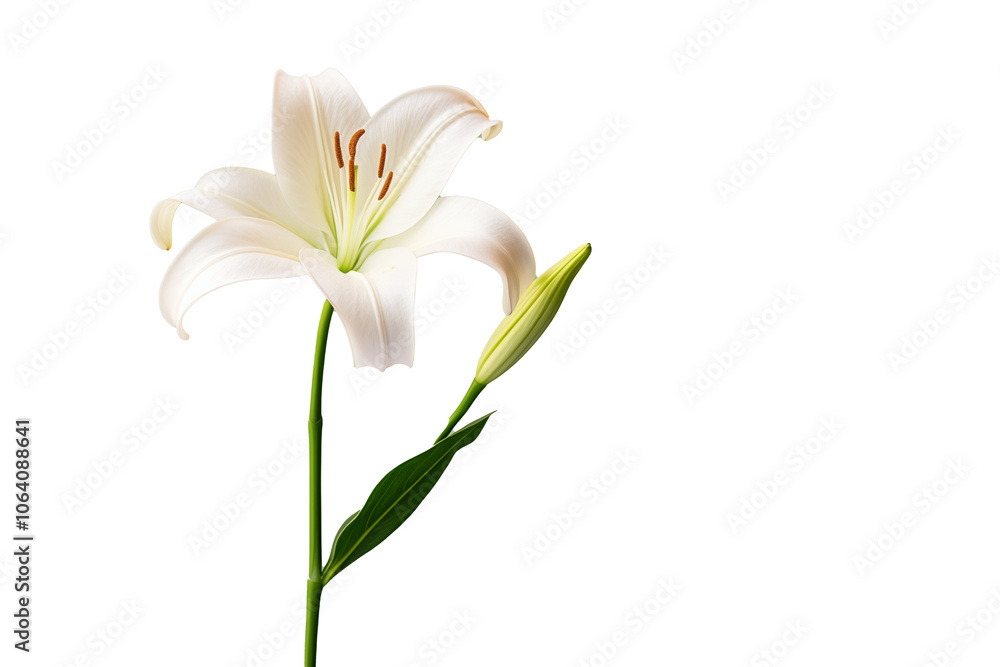 A detailed illustration of a white lily flower with a bud on a transparent background, showcasing its delicate petals and vibrant colors. A detailed illustration of a white lily flower with a bud on a transparent background, showcasing its delicate petals and vibrant colors.