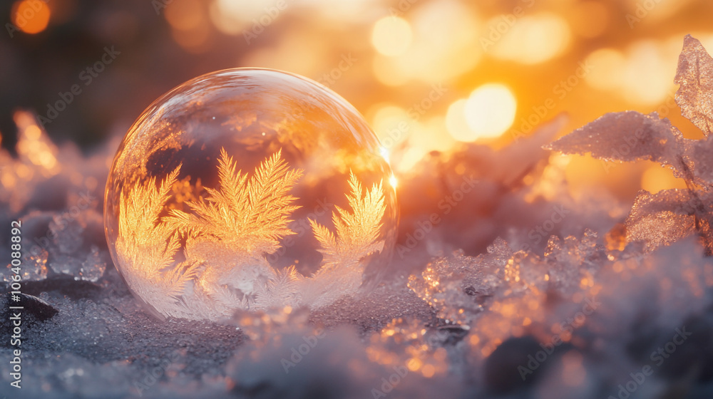 Frozen Bubble with Snowflakes and Golden Sunset Light Frozen Bubble with Snowflakes and Golden Sunset Light