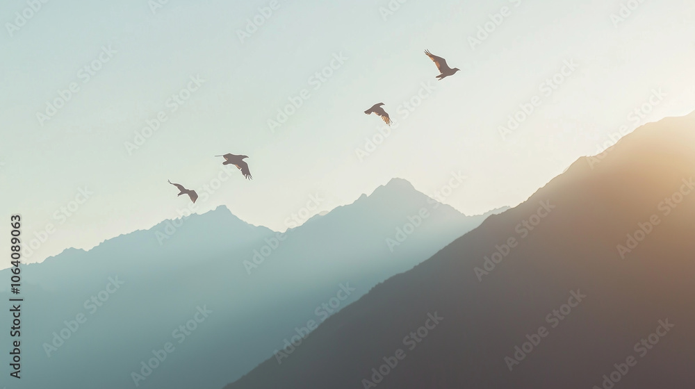 Naklejka premium Eagle Soaring Over Mountain Ridges with Birds in Background