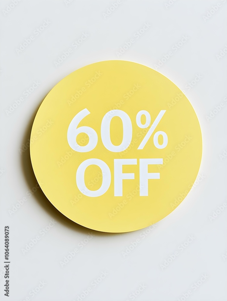 White '60% OFF' Text on a Light Yellow Round Paper Note. White Background White '60% OFF' Text on a Light Yellow Round Paper Note. White Background
