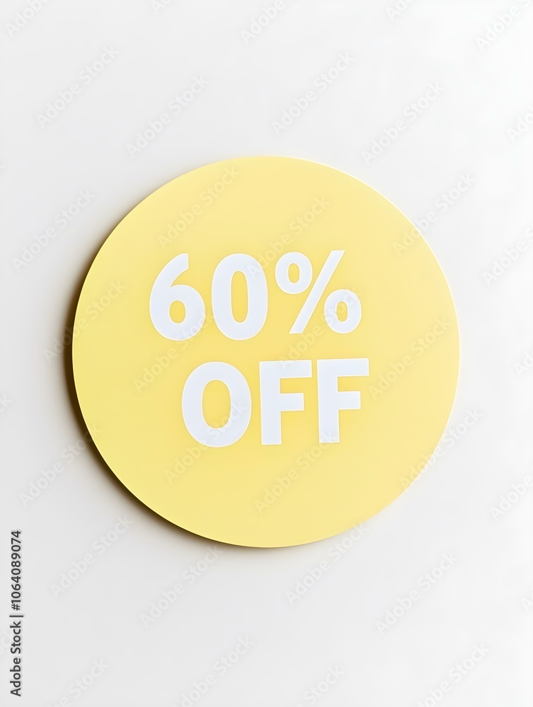 White '60% OFF' Text on a Light Yellow Round Paper Note. White Background White '60% OFF' Text on a Light Yellow Round Paper Note. White Background