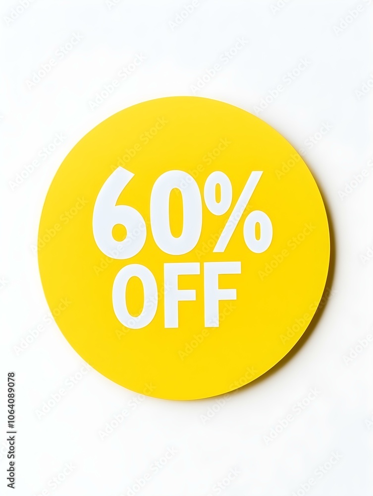 White '60% OFF' Text on a Light Yellow Round Paper Note. White Background White '60% OFF' Text on a Light Yellow Round Paper Note. White Background