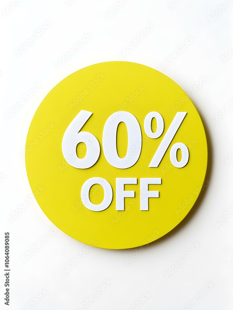 White '60% OFF' Text on a Light Yellow Round Paper Note. White Background White '60% OFF' Text on a Light Yellow Round Paper Note. White Background