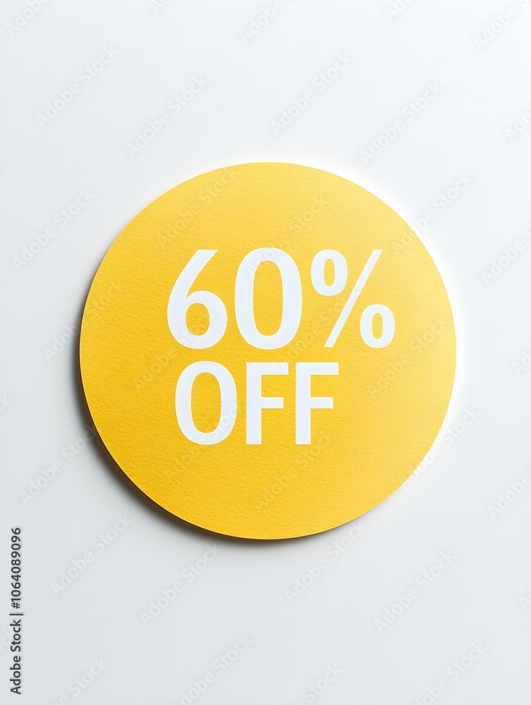 White '60% OFF' Text on a Light Yellow Round Paper Note. White Background White '60% OFF' Text on a Light Yellow Round Paper Note. White Background