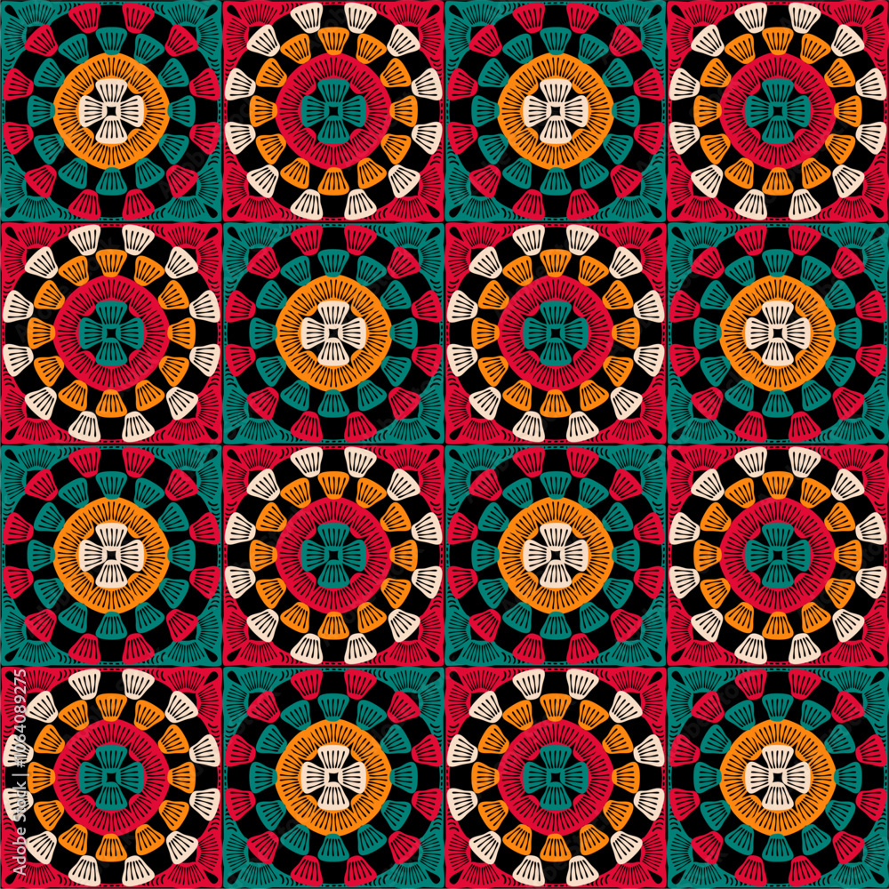 Pattern with crochet granny square with flowers wallpaper handmade decorative art design print Pattern with crochet granny square with flowers wallpaper handmade decorative art design print