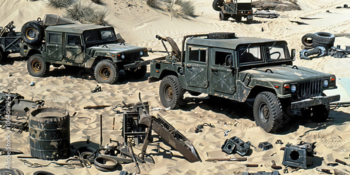 Desert Vehicle Maintenance Practice: A desert scene with multiple military vehicles, tools, and spare parts scattered about.