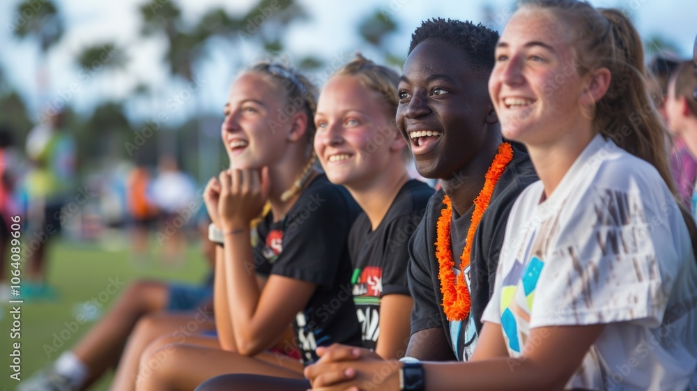 Diverse group of friends enjoying outdoor sports event Diverse group of friends enjoying outdoor sports event