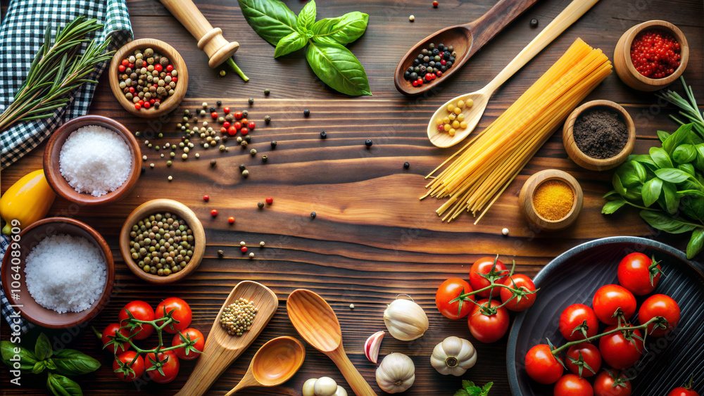 Fresh ingredients arrangement featuring herbs, spices, and vegetables for culinary art and cooking inspiration with copy space