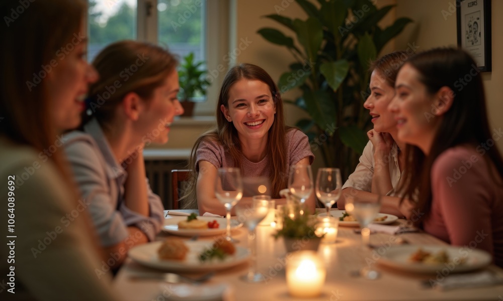 A group of friends enjoying a warm dinner together, laughing and sharing stories, surrounded by candles and a cozy atmosphere A group of friends enjoying a warm dinner together, laughing and sharing stories, surrounded by candles and a cozy atmosphere