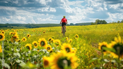 Cyclist riding through a field of sunflowers