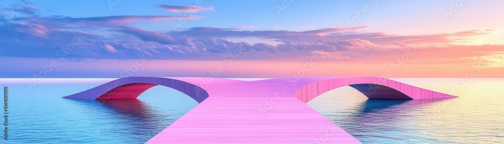 Fototapeta premium Geometric bridge structures perfectly balanced over water, twilight, photo-realistic, cool color palette