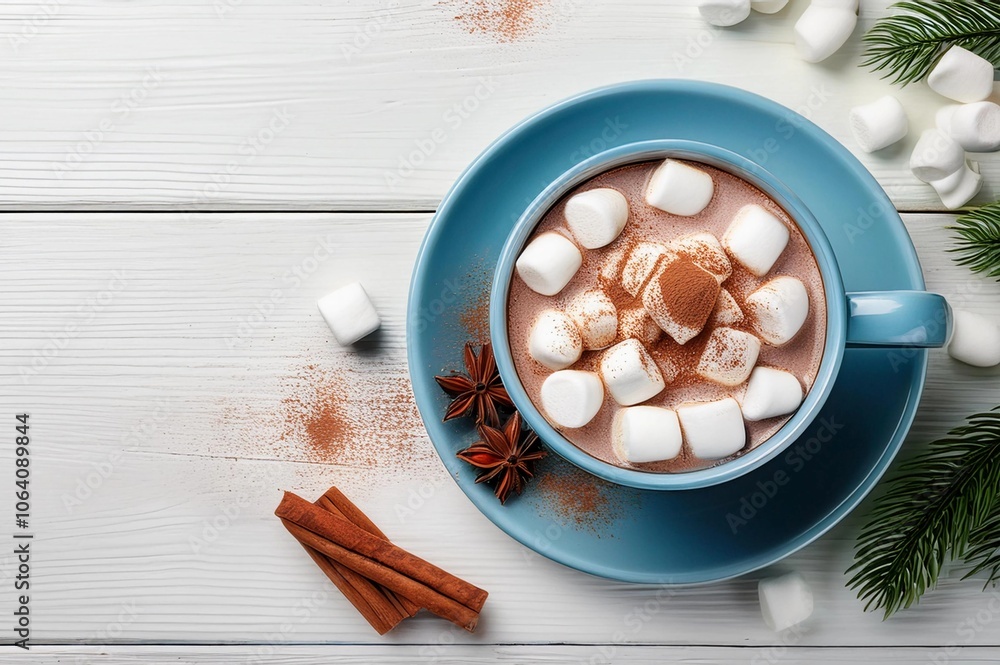 Overhead view of hot chocolate in a blue green mug with whipped cream and mini marshmallows on white wooden background Overhead view of hot chocolate in a blue green mug with whipped cream and mini marshmallows on white wooden background