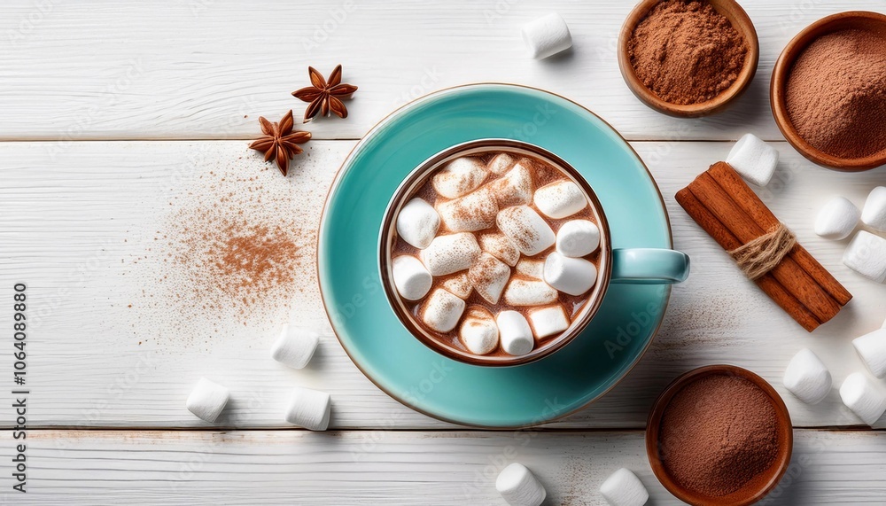 Overhead view of hot chocolate in a blue green mug with whipped cream and mini marshmallows on white wooden background Overhead view of hot chocolate in a blue green mug with whipped cream and mini marshmallows on white wooden background