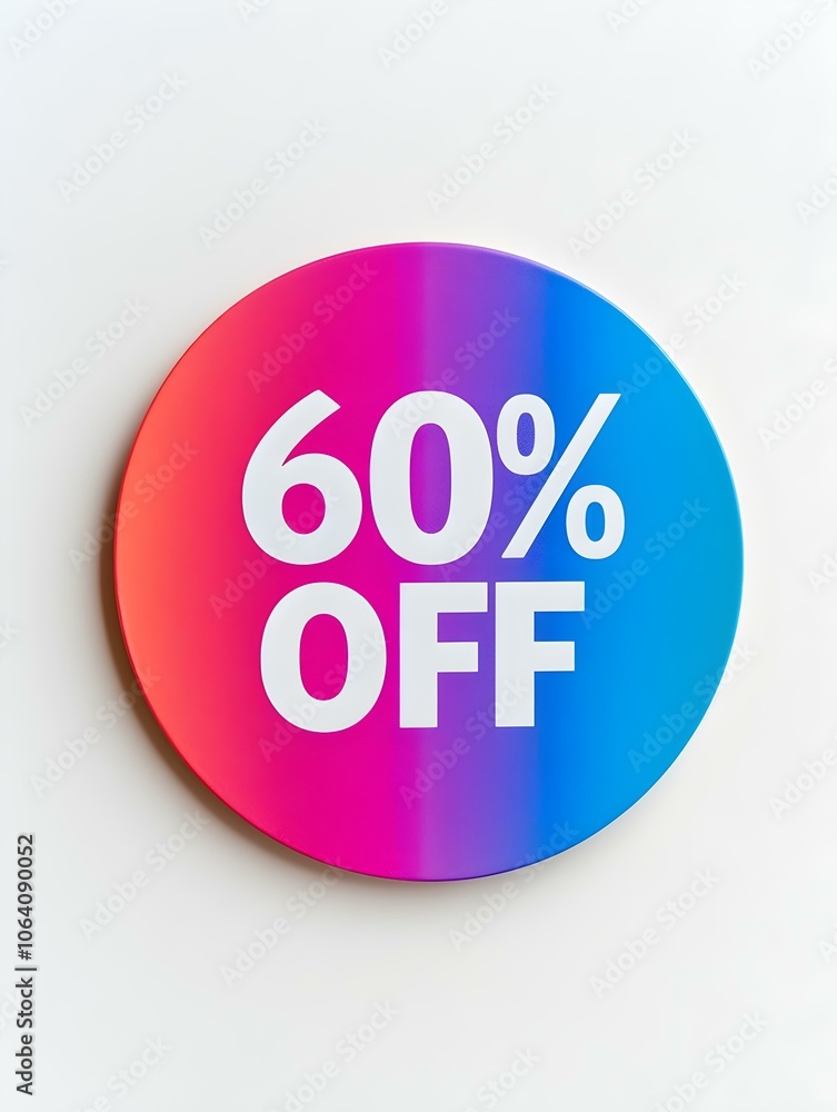 White '60% OFF' Text on a Multicolor Round Paper Note. White Background White '60% OFF' Text on a Multicolor Round Paper Note. White Background