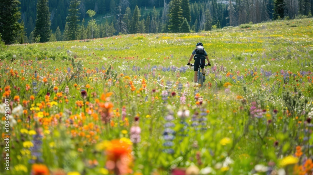 Cyclist riding through a meadow filled with wildflowers Cyclist riding through a meadow filled with wildflowers