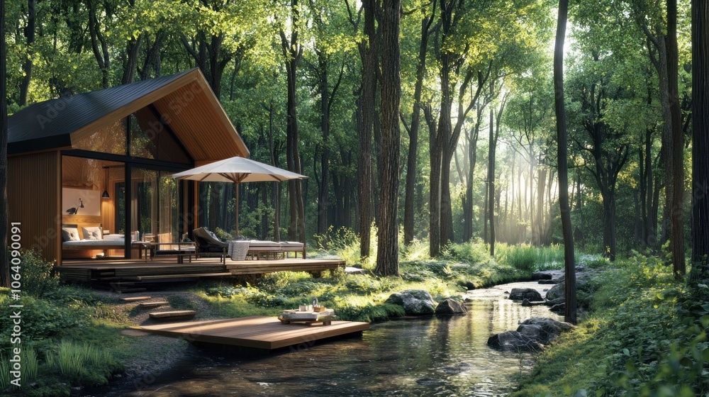 A modern cabin nestled in a lush forest with a stream flowing by. A modern cabin nestled in a lush forest with a stream flowing by.