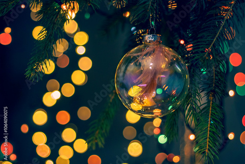 Closeup of transparent glass bubble  hanging on brunch of christmas tree in dark room with glowing lignts photo