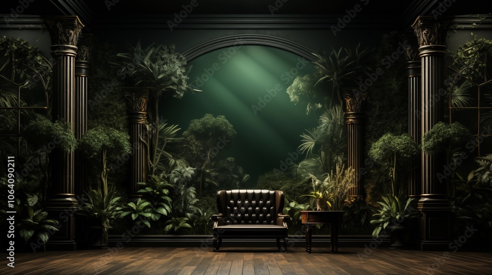 Obraz premium Modern interior background in dark green tones, providing a sophisticated and calming ambiance.