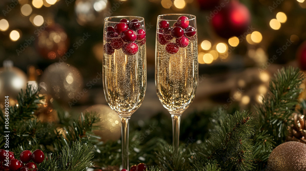Festive Champagne Flutes with Cranberries for Holiday Celebration Festive Champagne Flutes with Cranberries for Holiday Celebration