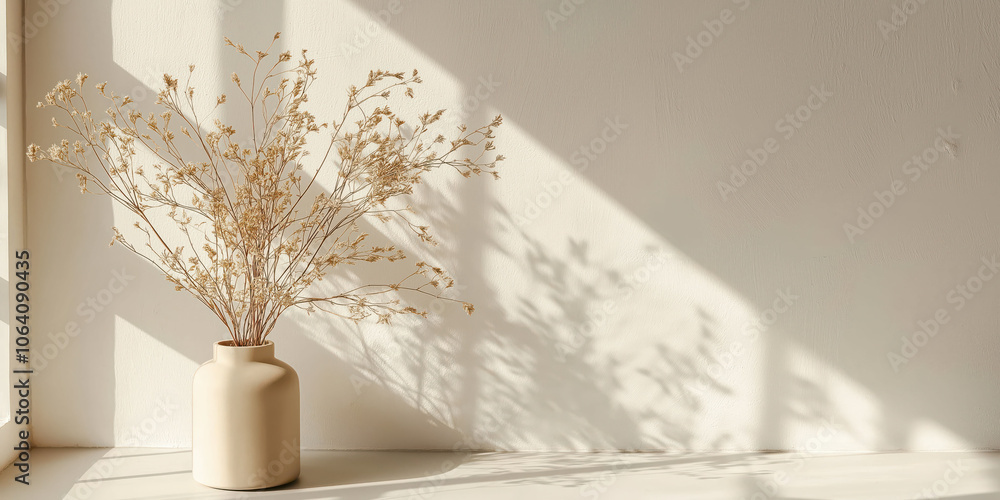 Minimalist interior with sunlit vase of dried flowers and soft shadows Minimalist interior with sunlit vase of dried flowers and soft shadows