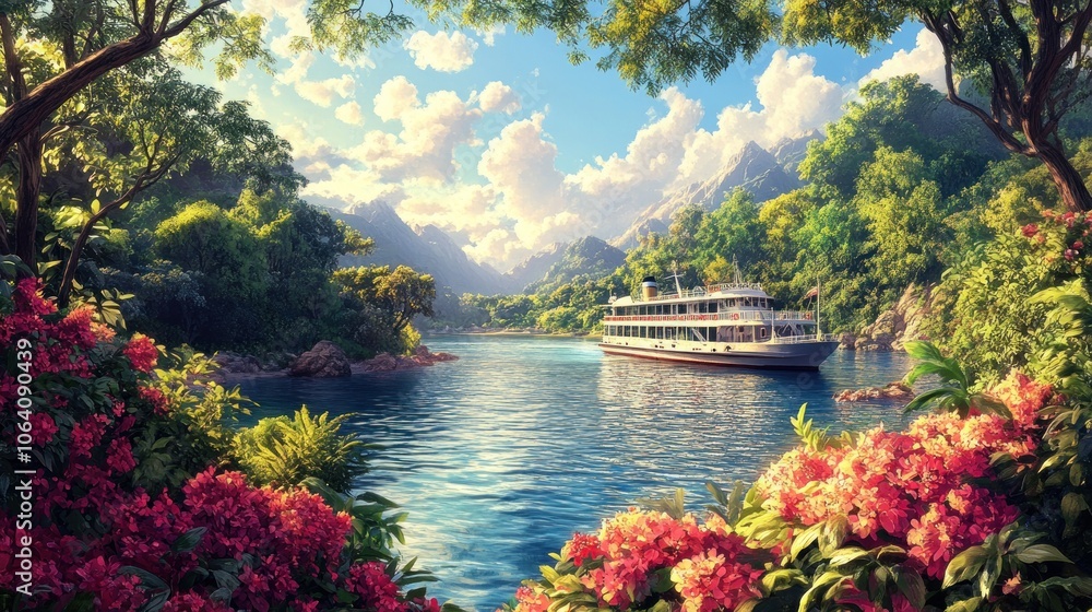 Fototapeta premium A white cruise ship sails on a calm lake surrounded by lush green mountains and vibrant pink flowers.