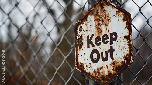 Rusty Keep Out Sign on Chain Link Fence   Warning  Danger  Forbidden photo