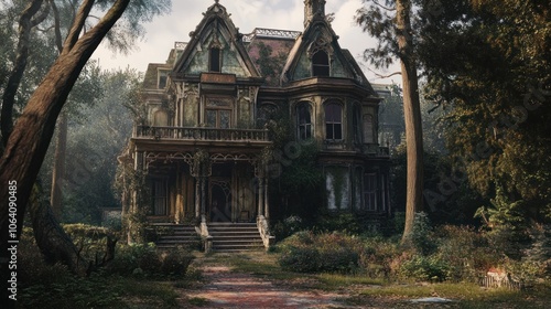 An abandoned Victorian mansion with overgrown foliage, a crumbling porch, and a pathway leading to the front door.