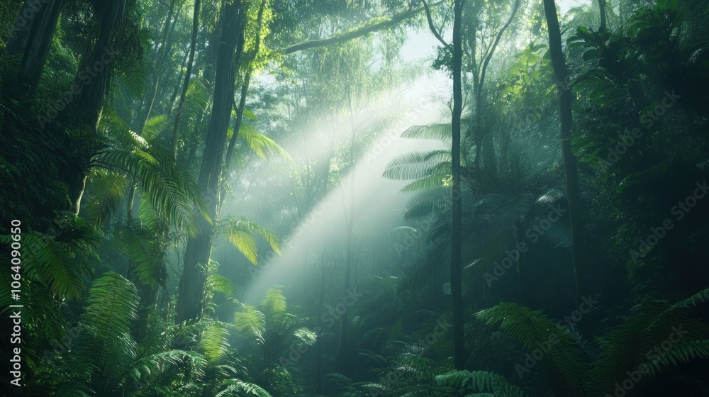 Sunlight streams through dense rainforest foliage, illuminating the green canopy. Sunlight streams through dense rainforest foliage, illuminating the green canopy.