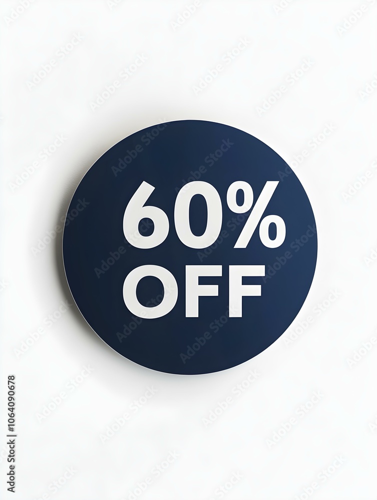 White '60% OFF' Text on a Navy Blue Round Paper Note. White Background White '60% OFF' Text on a Navy Blue Round Paper Note. White Background