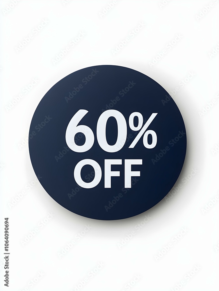 White '60% OFF' Text on a Navy Blue Round Paper Note. White Background White '60% OFF' Text on a Navy Blue Round Paper Note. White Background