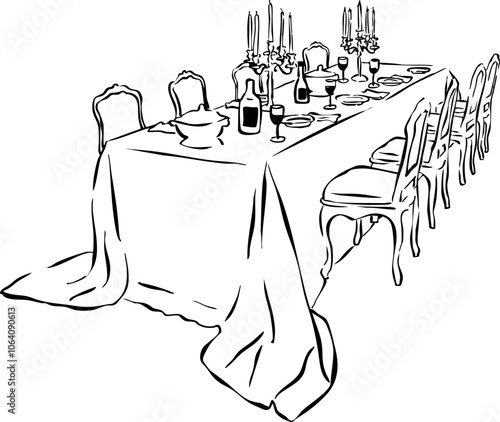 Ilustración vectorial de paisaje de mesa con copas, vino y velas. Arte en líneas de mesa de cena. Dibujo a mano de mesa para diseño de invitaciones, branding papelería, imprimibles, redes sociales