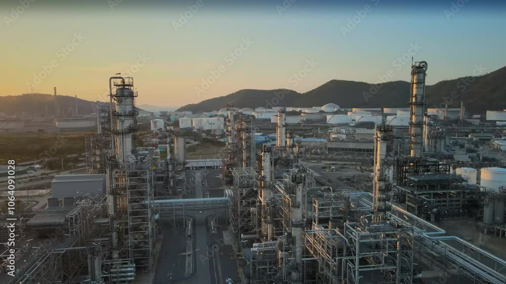 Aerial view oil and gas chemical plant with oil refinery plant background at twilight, business power and energy chemical barrel. Aerial view oil and gas chemical plant with oil refinery plant background at twilight, business power and energy chemical barrel.